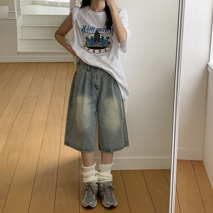 앤샵 남녀공용당일출고 원스 데일리 핀턱 와이드 워싱 데님 버뮤다팬츠 버뮤다 반바지 청반바지2color