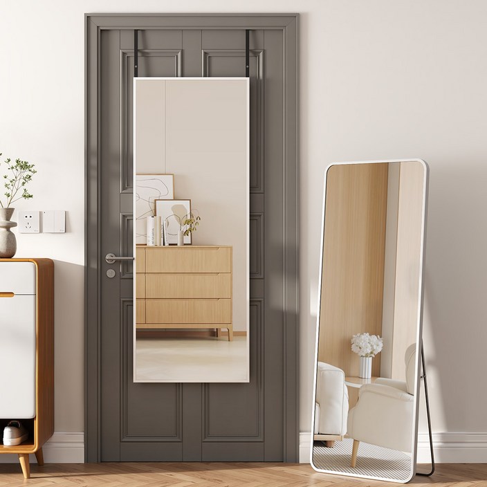 안토크 벽걸이 전신거울 스탠드 거치대 원룸 문걸이 거을 미용실용 3in 다기능 350*1200mm, 화이트-둥근