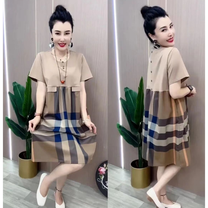 루스리더 여름 여성 고급 라운드 체크  H라인 롱 원피스 M44