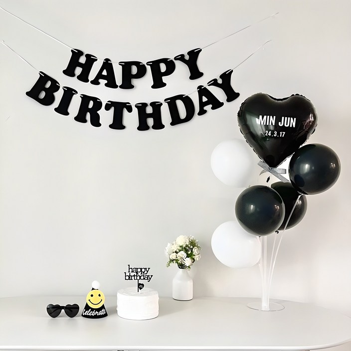 연지마켓 생일가랜드 생일 파티 용품 세트 하트 풍선 자유레터링, 1세트, 블랙가랜드