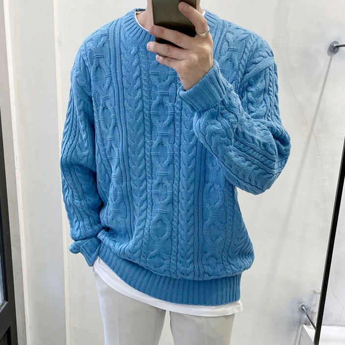 SHINGMEI 트위드 꽈배기 라운드 니트 루즈핏 니트