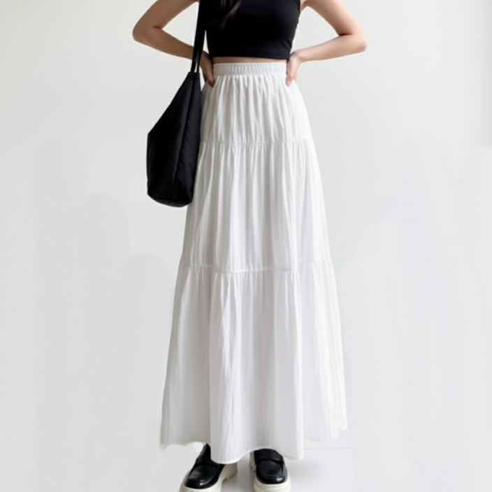 여성 허리밴딩 주름 셔링 롱 플레어 캉캉 스커트