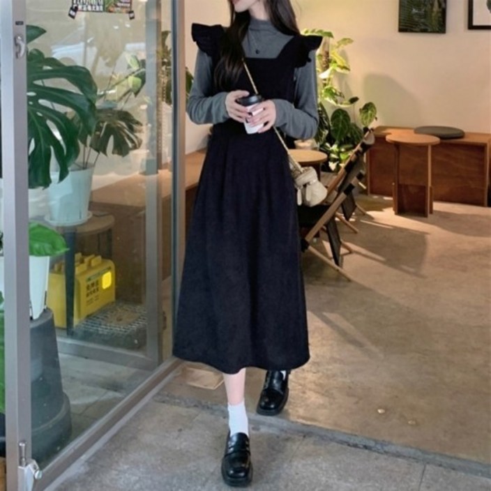 여성 코듀로이 뷔스티에 원피스  프릴 스트링 A라인 레이어드 원피스