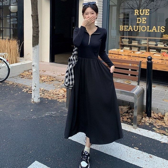 BLACK K7 여성 가을 롱원피스 슬림핏 긴팔 니트원피스