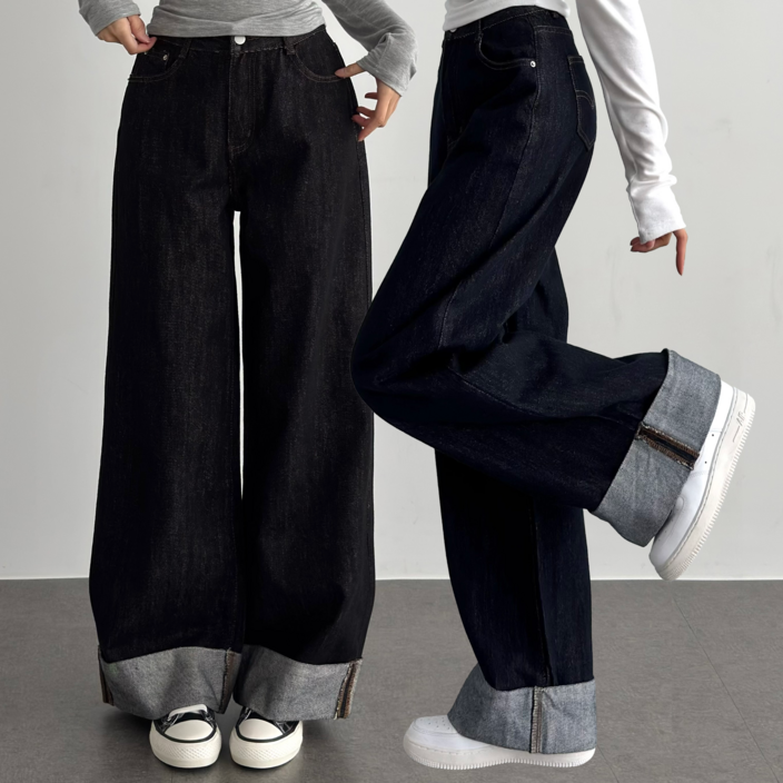 이버유 사계절 여성 논페이드 데님 생지 데님 와이드 롤업 데님 팬츠