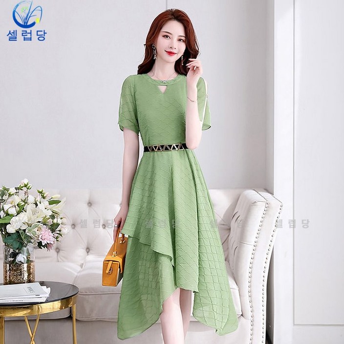 셀럽당 쉬폰 원피스 여 언밸런스 슬림 허리 날씬해 보이는 미디 스커트