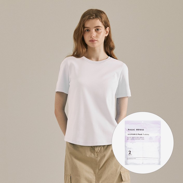 베이직하우스 여성용 통기성 순면 40수 반팔 티셔츠 2팩