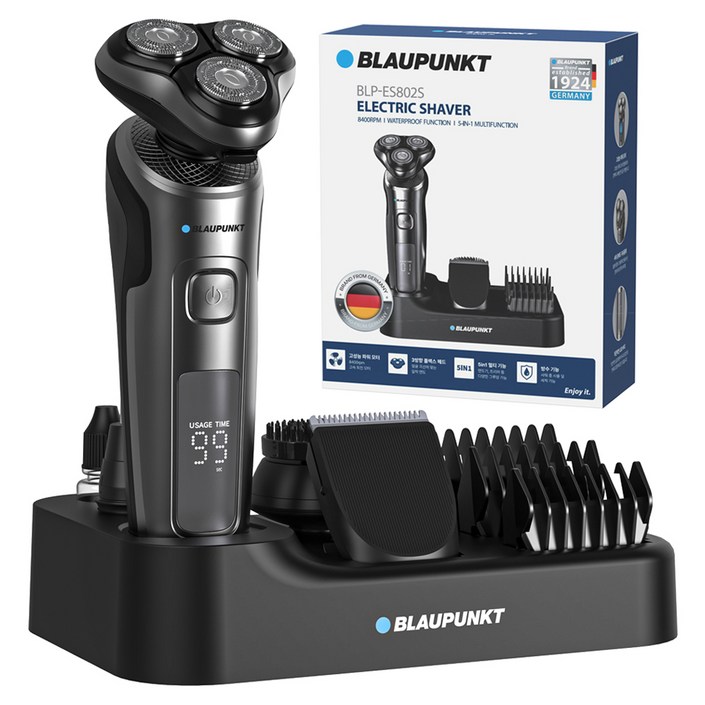 블라우풍트 IPX6 방수 5 in 1 3D 플렉스 쉐이버 3헤드 면도기  거치대 세트, 블랙, 면도기BLPES802S