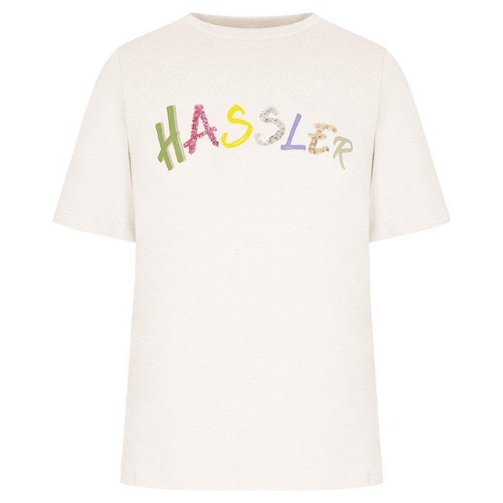 올리비아하슬러 여성용 로고 스팽글 프린팅 라운드 티셔츠 OHDMTS901