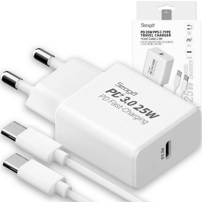 서가 PD 25W PPS C타입 초고속 충전기 CtoC 초고속 케이블 1.5m 세트, 화이트, 1개 서가 PD 25W PPS C타입 초고속 충전기 CtoC 초고속 케이블 1.5m 세트, 화이트, 1개