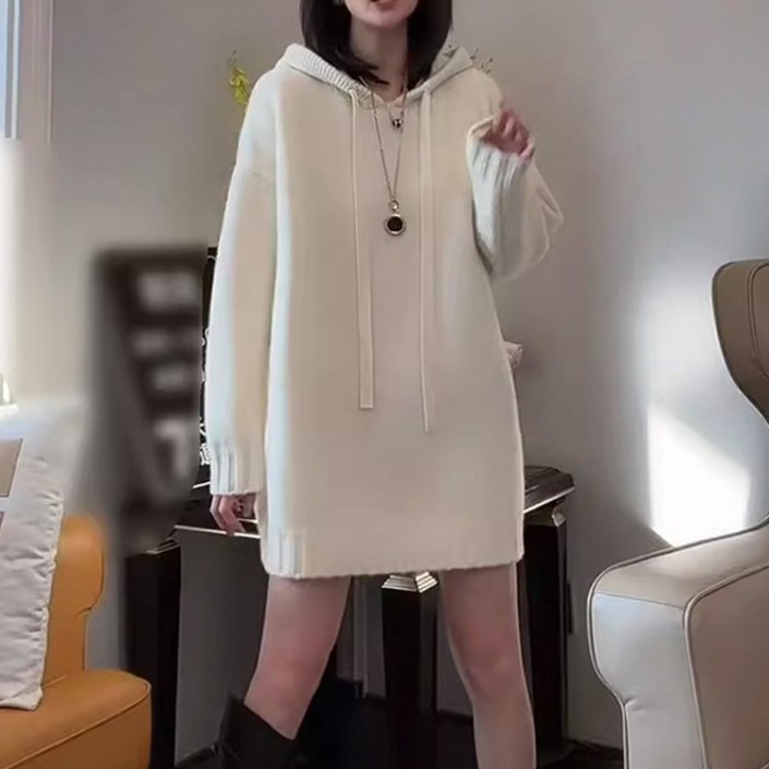 메이첼 캐주얼 후드넥 롱 스트링 스웨터 두툼 미니 원피스 04083