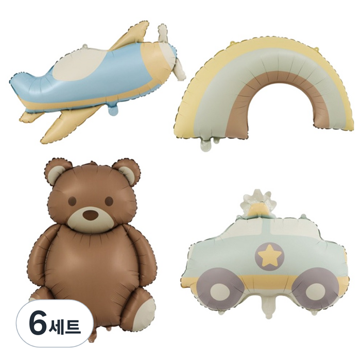 코히모 곰돌이 + 자동차 + 비행기 + 무지개 파티 풍선 세트 5W0362, 6세트, 혼합색상