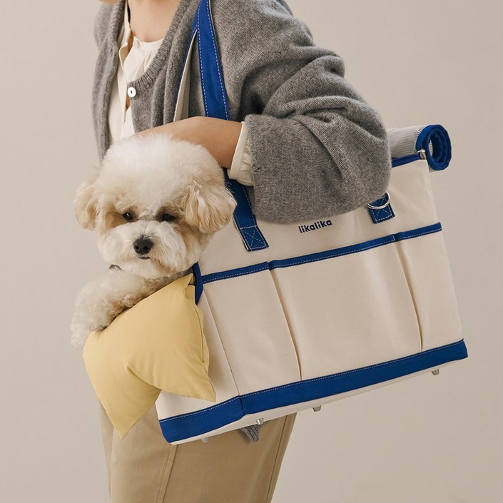 리카리카 반려동물 리카백 이동가방  쿠션  크로스끈 세트, 크림  딥블루  버터, 1개