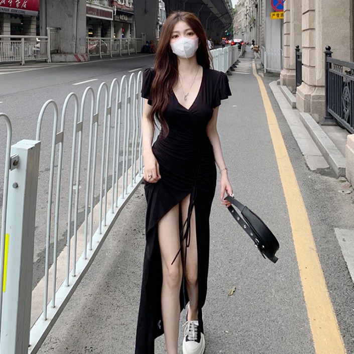 피어니스트 크로스 랩스타일 브이넥 트임 롱원피스