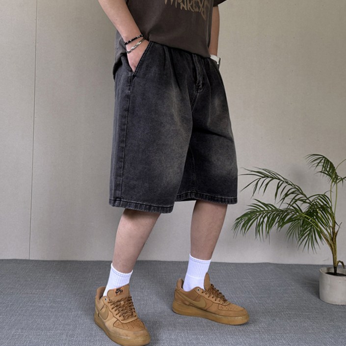 머시따 남성용 투핀턱 와이드 버뮤다 워싱 데님 반바지