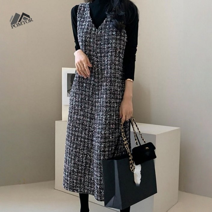 POMTOR 여성 트위드 민소매 롱 원피스 여성 겨울 데일리 원피스