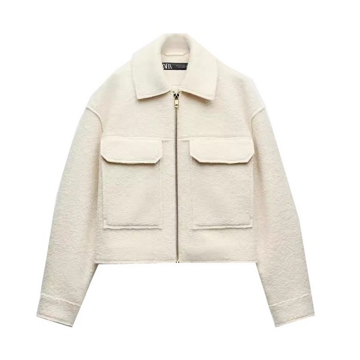 양모자켓 ZARA 투 포켓 숏 크롭 트러커 퍼 양모 블루종 자켓
