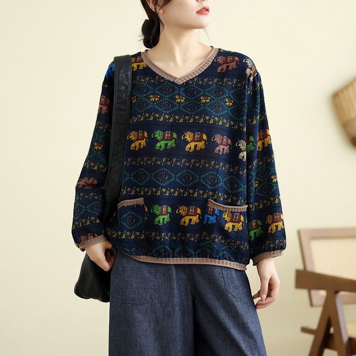 ORZQU 가을 여성 긴팔티셔츠 브이넥 루즈핏 프린팅 맨투맨 긴팔티셔츠