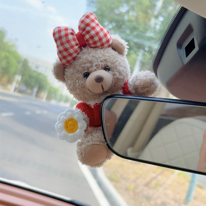 귀여운 곰돌이 자동차 룸미러 커버 악세사리, 1개, 레드 체크 리본 곰