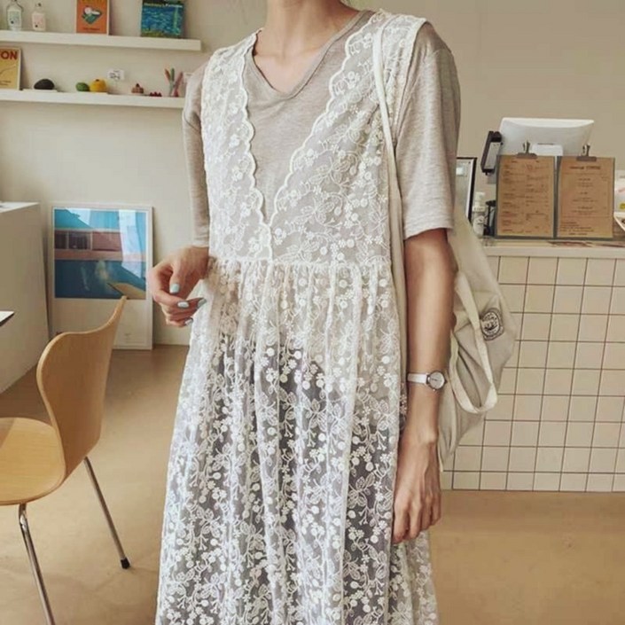 바인브랜치 봄여름 레이스 스칼럽자수 레이어드 베스트원피스