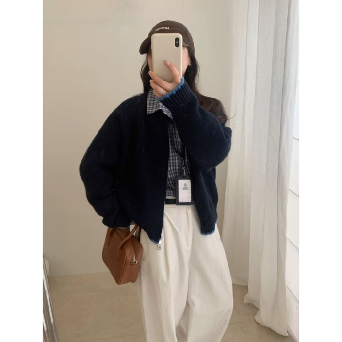 엘라브 스위트프레시 컬러배색 루즈핏 여성 니트 가디건