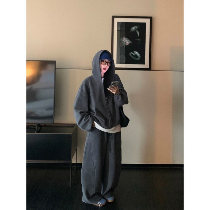 해피유통   여성 가을 겨울 오버사이즈 후드 집업 상의 와이드 팬츠 세트 캐주얼 트레이닝복