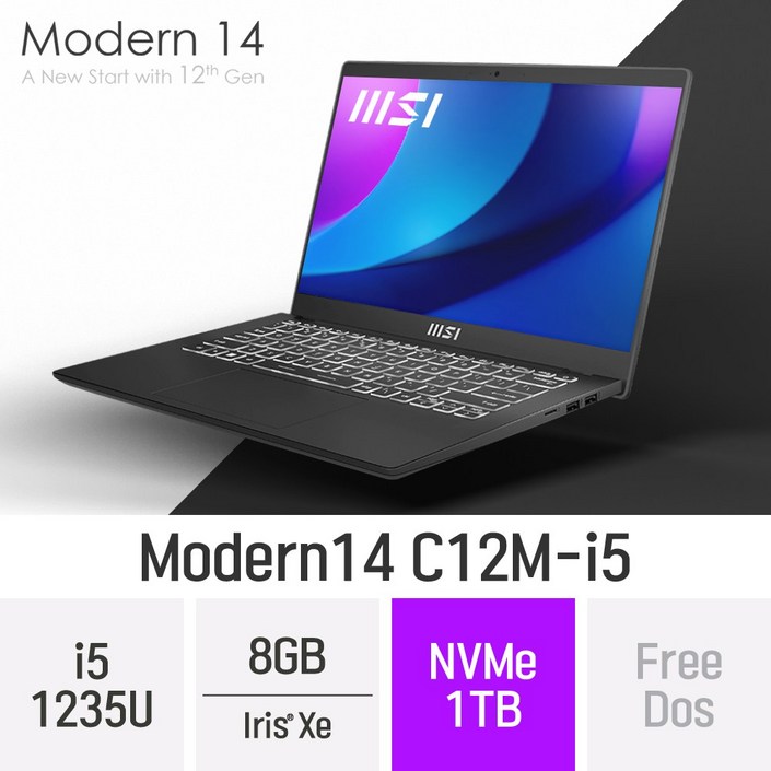 MSI 모던시리즈 모던14 C12M-i5 - 14인치 인텔 i5 휴대용 인강용 문서작업 온라인수업 재택근무용 대학생 노트북, Free Dos, 8GB, 1TB 20221202