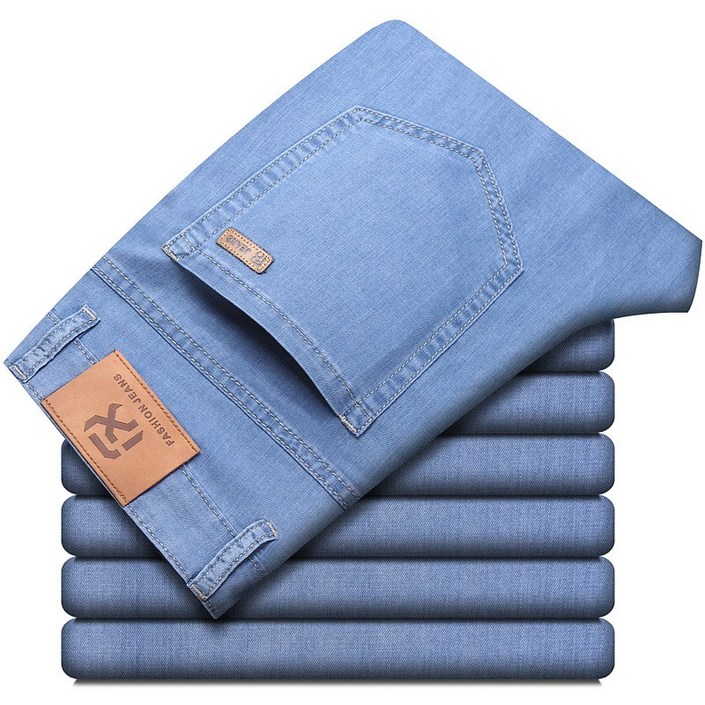 광저우 데님 공급 새로운 여름 단색 스트레치 청바지 남성용 얇은 플러스 지방 플러스 사이즈 스트레이트 바지