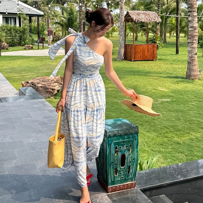 비치팜레인 원숄더 비치 원피스 리본 밴딩 캉캉 드레스