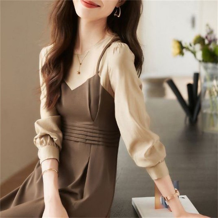 AOKADA 여성 레이어드 긴팔 플리츠 나시 슬림 A라인 원피스