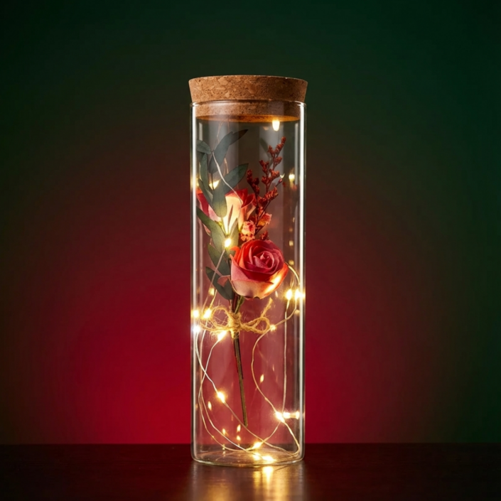오유핏 LED 유리병 꽃다발 편지지 기념일 선물세트, 1개, 핑크로즈