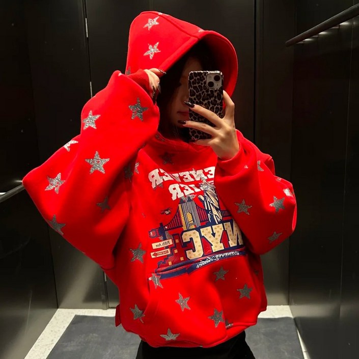 MOONLIGHT 여성 스타 나염 오버핏 맨투맨 NYC 기모 후드티