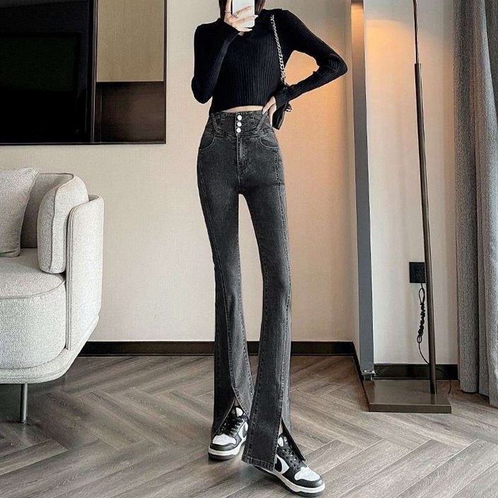 하이웨이스트 슬림핏 트임 플레어 청바지