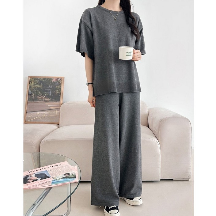 p869 어반 니트바지세트 차르르한 라운드 반팔롱니트 밴딩통바지 비스코스 시원한