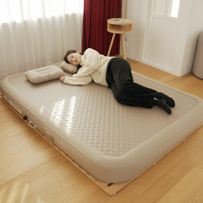 유니언 에어매트 캠핑 매트리스 자동펌프 내장 에어침대, 골드베이지이중공간지, 20cm