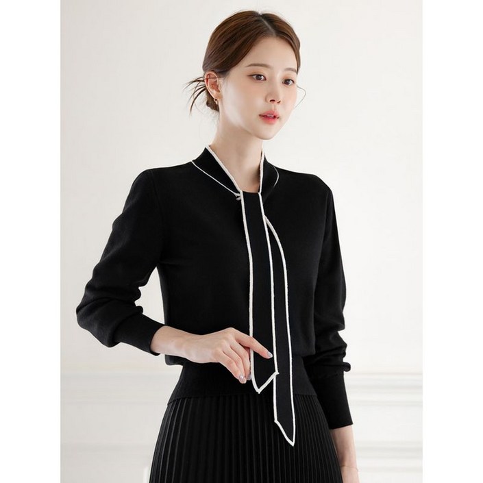 시크라인XXL까지 에노린 배색 타이넥 데일리 니트 가을 긴팔 베이직 하객룩 오피스룩 모임룩 격식룩 빅사이즈