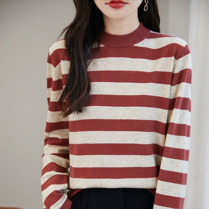 Zolmik 여성 스트라이프 니트 티셔츠 라운드넥 긴팔니트 루즈핏 데일리 줄무늬티셔츠