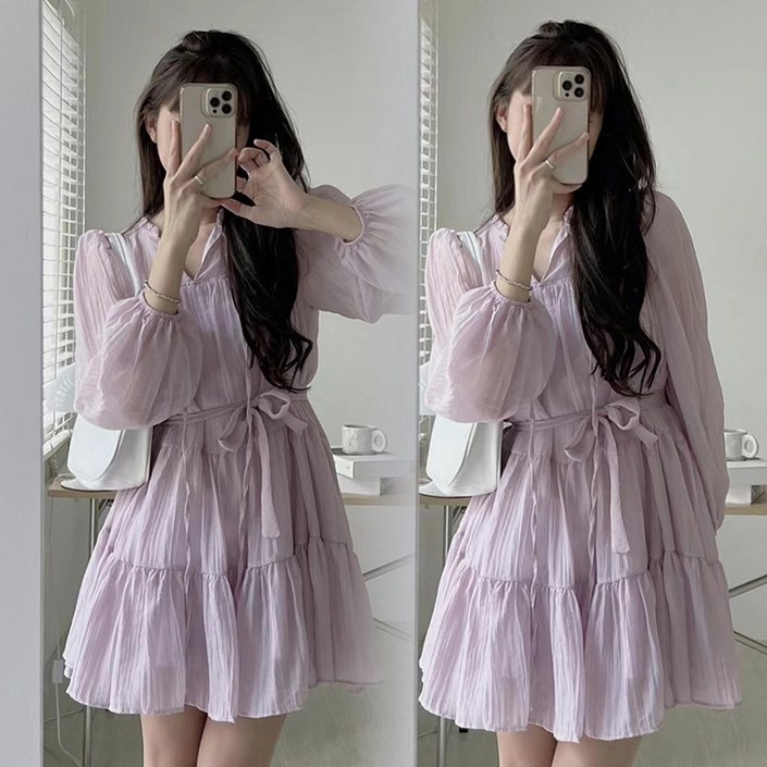 Asure 여름 가을 원피스 쉬폰 원피스 휴양지 원피스 주름 원피스