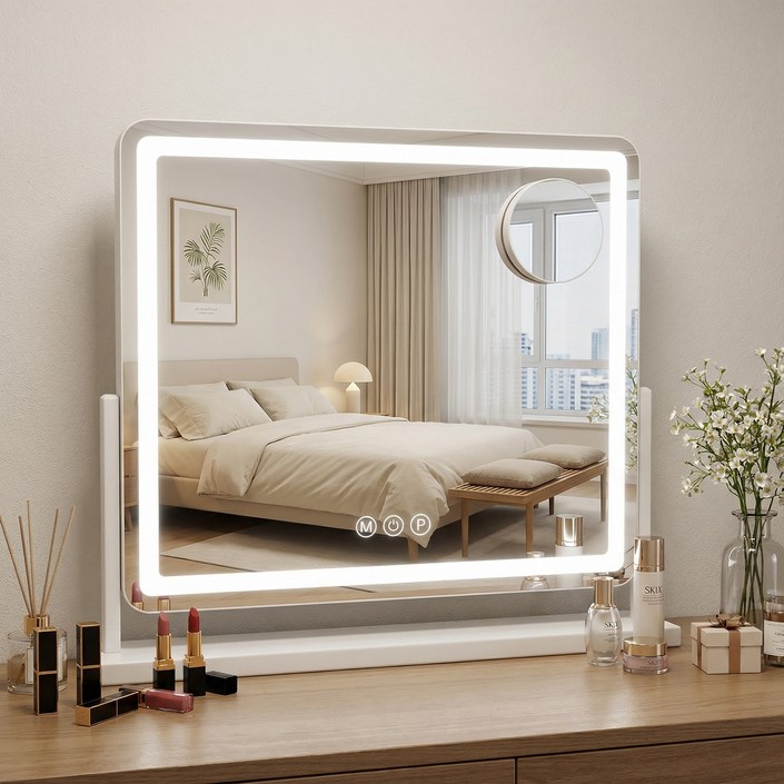 안토크 LED 메이크업 거울 스마트 원터치 360도 화전 3컬러 100단 조명 화장대거울 탁상거울 충전식 USB 가능