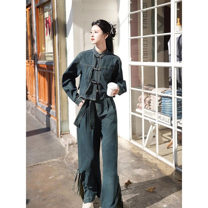 여성 데님 투피스 캐주얼 긴팔 자켓  하이웨이스트 와이드 팬츠 상하의 투피스 기질 빈티지 데님 투피스 세트 ZZL