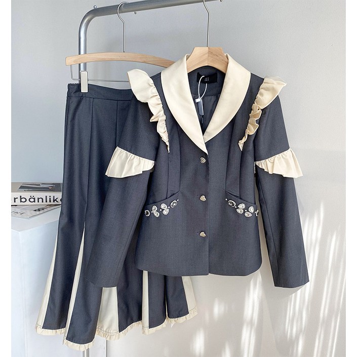 이부진 투피스 자켓 데일리 롱스커트 투피스세트 여성 하객룩 후드 치마 정장세트 겨울 투피스 오피스룩 여자 캐주얼 가디건