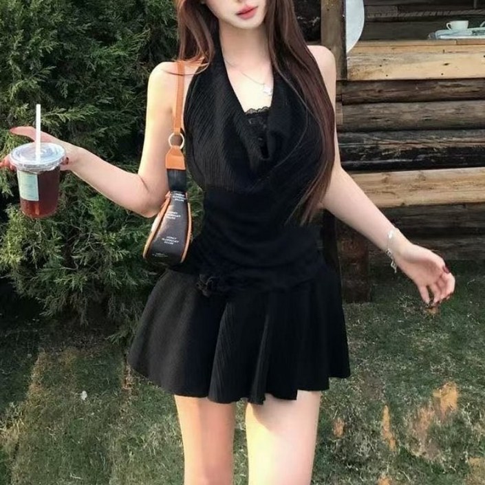 아이엠몽 여성 홀터넥 스타일 레이스 미니 원피스