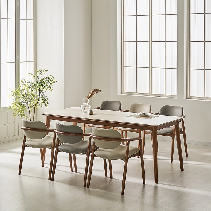 자연애가구 메리안 고무나무 원목 월넛 4인 6인 1600 1900 포세린 세라믹 식탁 세트, 일반의자 6, 1900(6인용)