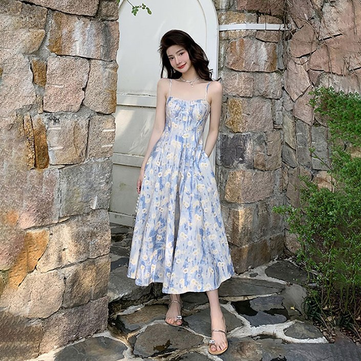 AOKADA 여성 뷔스티에 플라워 플레어 끈 나시 여름 원피스
