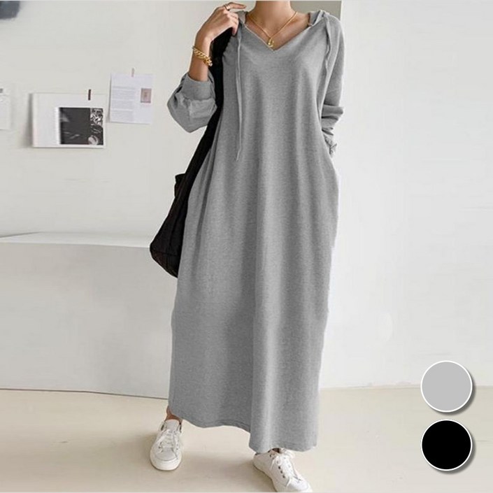 핏몬 여성 5588 빅사이즈 포켓 후드 긴팔 롱 원피스