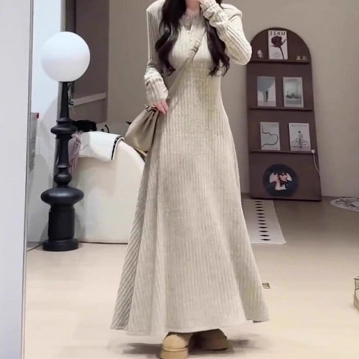 구디프 여성용 골지 니트 데일리 플레어 A라인 롱 원피스