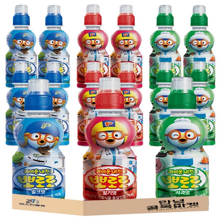 안녕골목마켓 팔도 뽀로로 음료 3종 15입 세트 밀크맛 5개 딸기맛 5개 사과맛 5개 인기 어린이 음료 세트, 밀크5딸기5사과5, 1세트