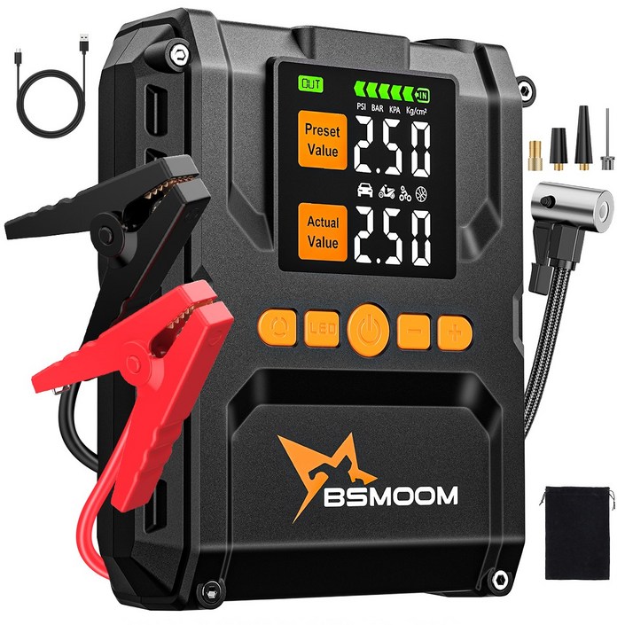 BSMOOM 4000A 자동차 점프스타터 올인원 에어펌프 보조배터리 사용 가능 12V, 1개, 8000mAh