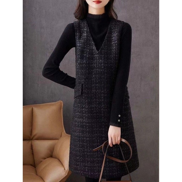 여성용 봄 미디 모직 브이넥 민소매 조끼 베스트 원피스