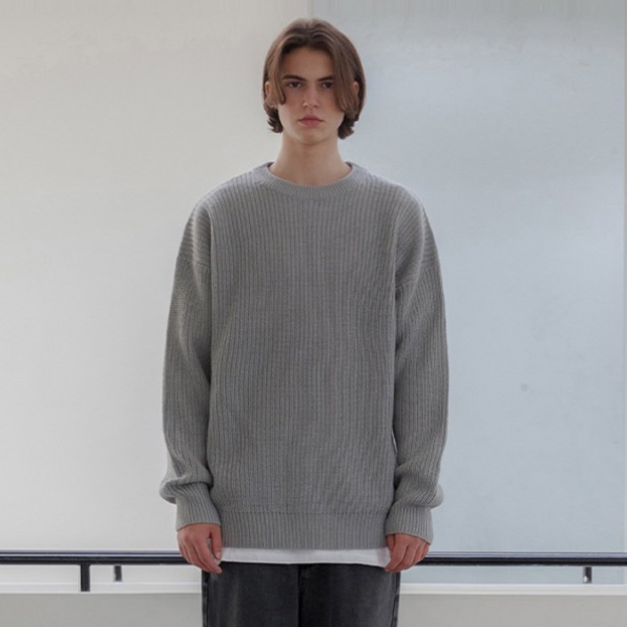 에이지오디 크루넥 리브 오버핏 하찌 니트 AGOD 무지 라운드넥 긴팔 스웨터 데일리 니트웨어